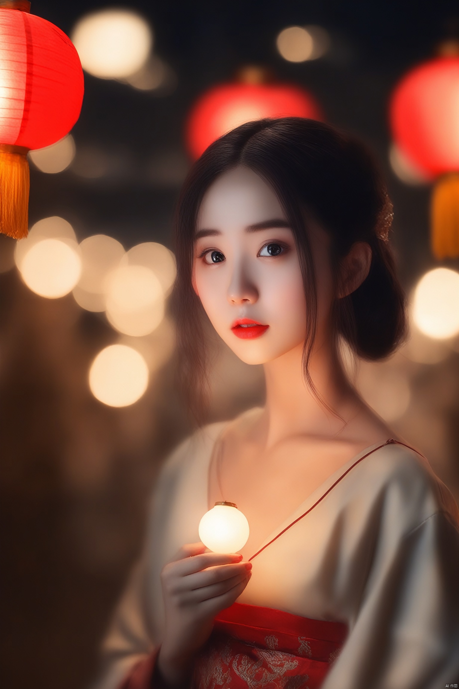  wzyao_b,blurry, depth_of_field, blurry_background, 1girl, bokeh, solo, blurry_foreground, black_hair, lips, paper_lantern, hair_ornament, red_lips, lantern, brown_eyes