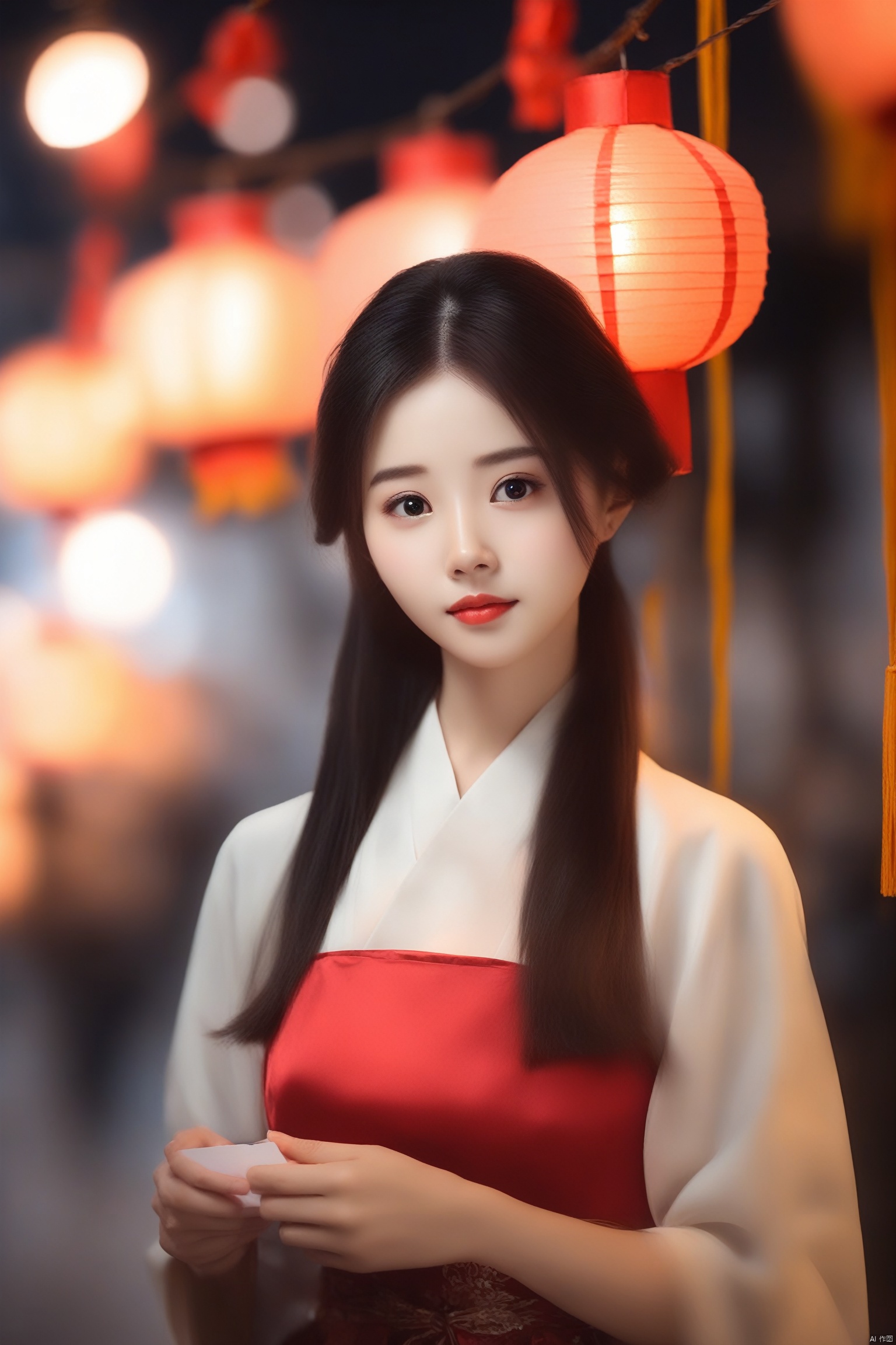  wzyao_b,blurry, depth_of_field, blurry_background, 1girl, bokeh, solo, blurry_foreground, black_hair, lips, paper_lantern, hair_ornament, red_lips, lantern, brown_eyes