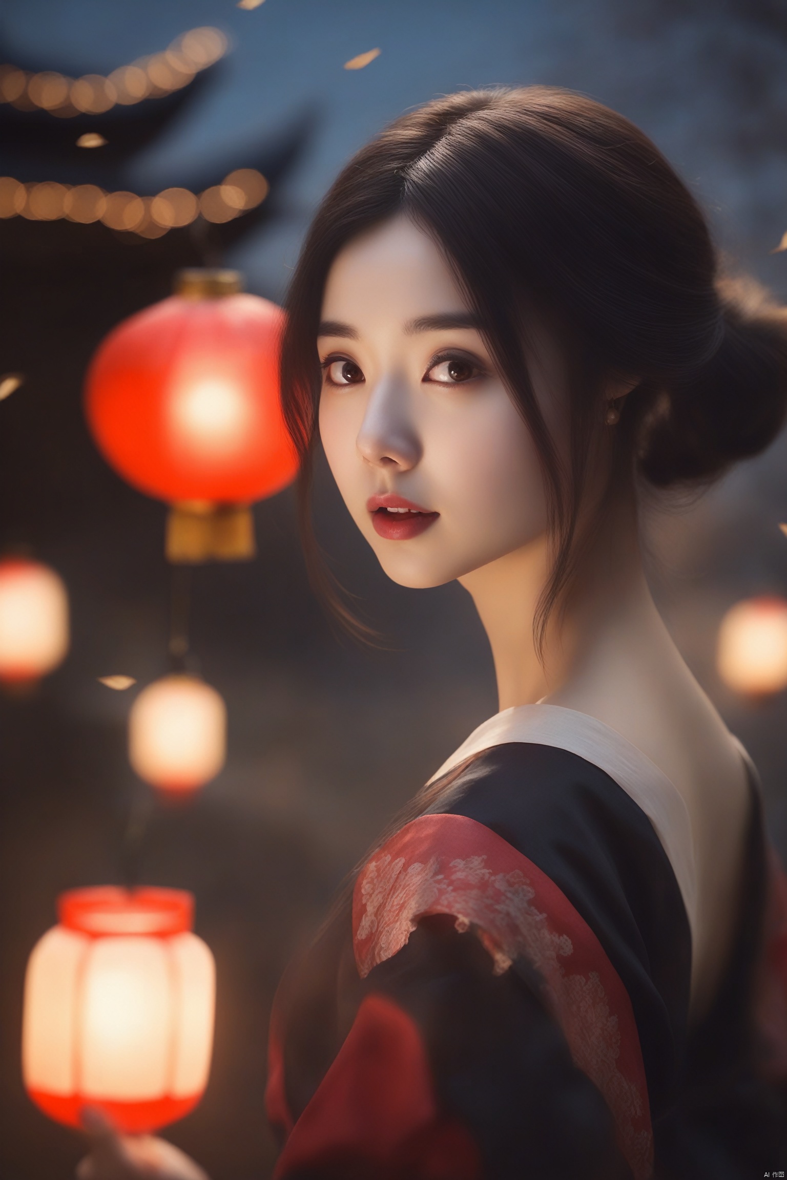  wzyao_b,blurry, depth_of_field, blurry_background, 1girl, bokeh, solo, blurry_foreground, black_hair, lips, paper_lantern, hair_ornament, red_lips, lantern, brown_eyes
