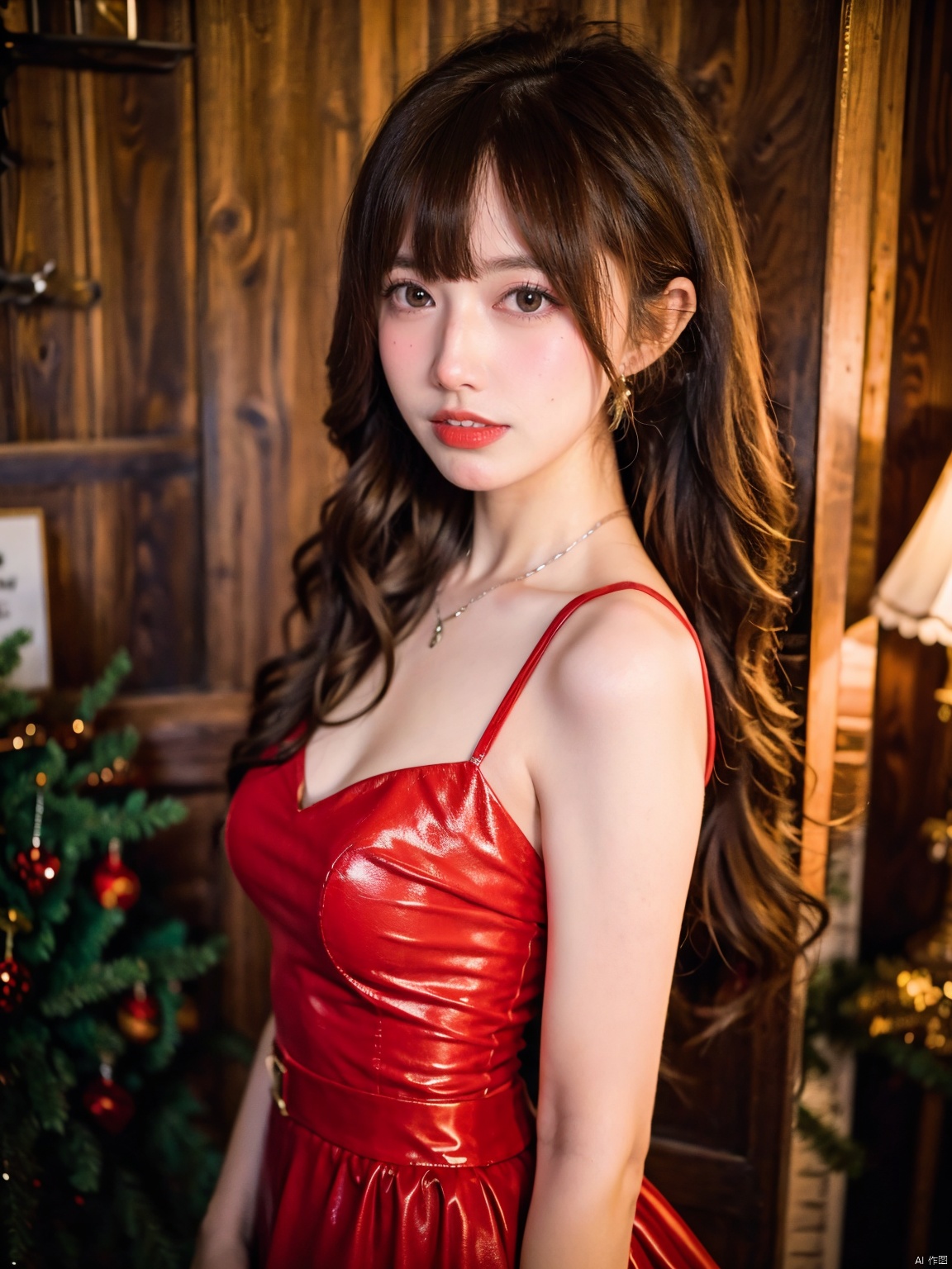  1, 1girl, long hair, brown hair, solo, dress, brown eyes, looking at viewer, holding, red dress, parted lips, bare shoulders, indoors, lips, upper body, sleeveless, ((poakl))