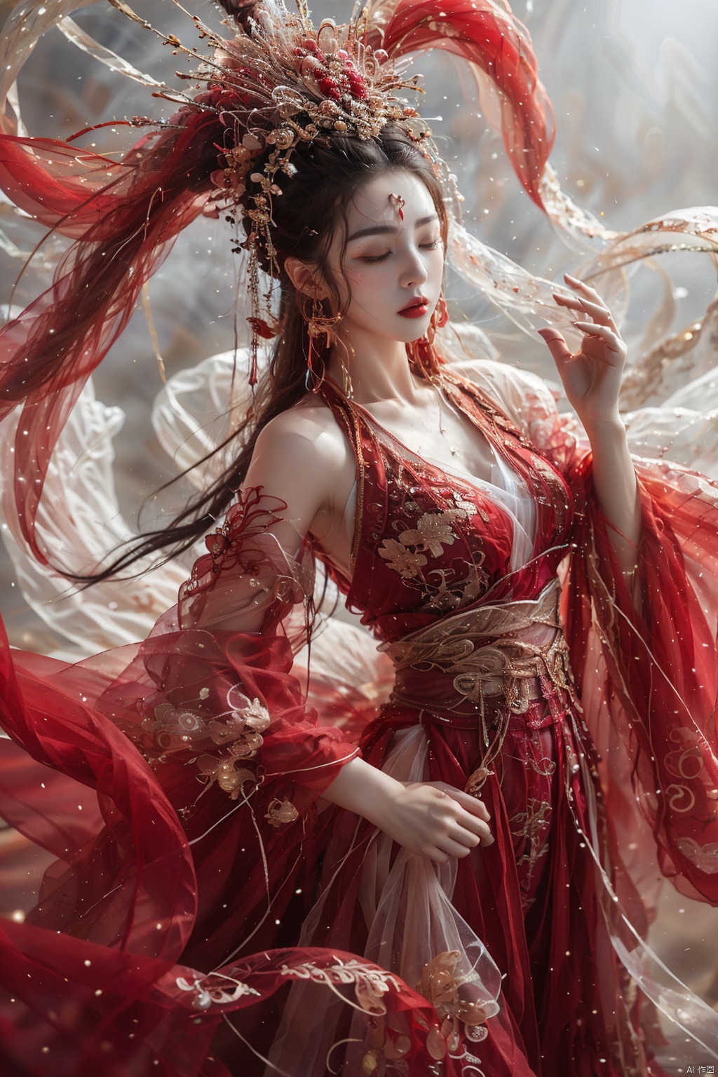  A girl with long black hair, Hanfu, medium breasts,.wunv, Breasts,Exquisite makeup, eyes closed, long flowing hair