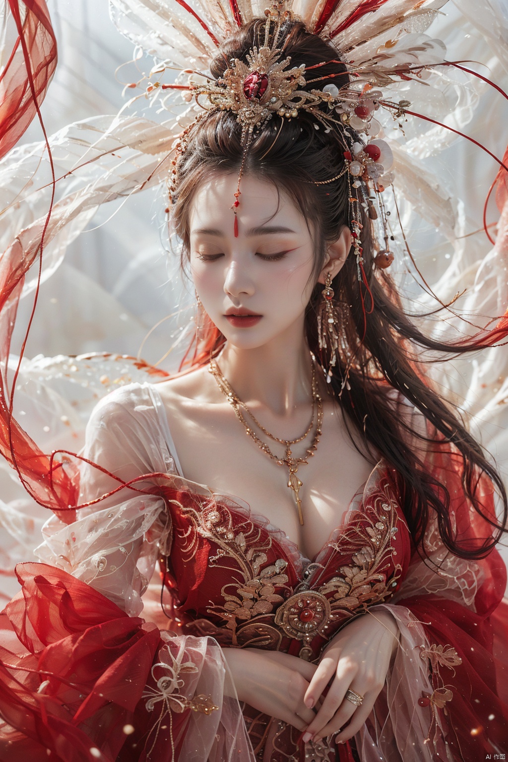  A girl with long black hair, medium breasts,.wunv, Breasts,upper body,Exquisite makeup, eyes closed, long flowing hair