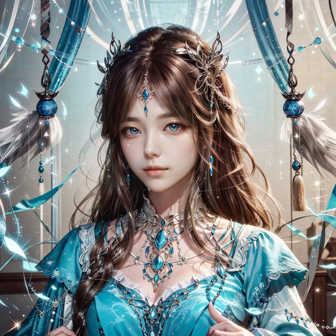 <lora:宁荣荣8LORA-000010:0.8>,ningrongrong,1girl,solo,long hair,brown hair,hair ornament,blue eyes,realistic,jewelry,looking at viewer,upper body,, masterpiece, best quality, masterpiece, best quality
