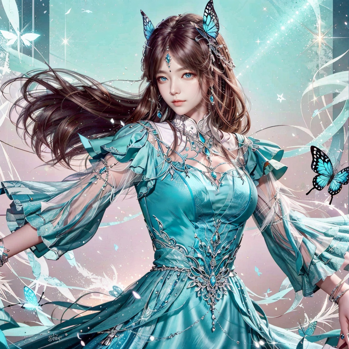 <lora:宁荣荣8LORA-000010:0.8>,ningrongrong,1girl,long hair,dress,brown hair,hair ornament,blue eyes,solo,butterfly,bug,blue dress,green dress,upper body,jewelry,, masterpiece, best quality, masterpiece, best quality