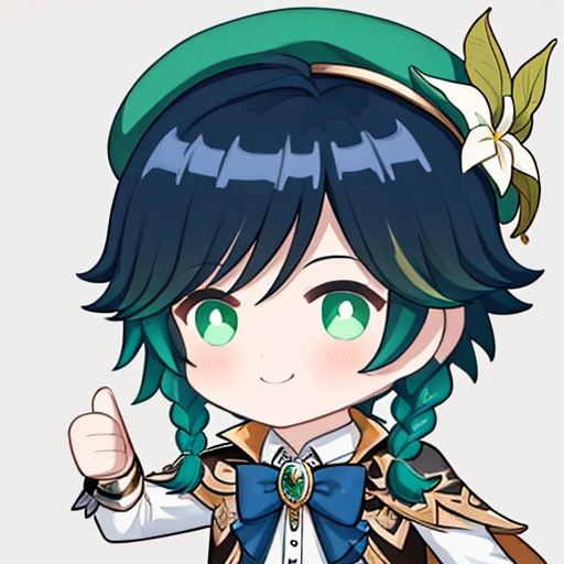 <lora:thumb-up:1>,thumb-up, 1boy, venti \(genshin impact\), male focus, solo, hat, smile, braid, green headwear, multicolored hair, gradient hair, flower, thumbs up, black hair, blue hair, twin braids, simple background, cape, beret, chibi, white flower, long sleeves, bangs, short hair with long locks, looking at viewer, shirt, bow, closed mouth, white shirt, brooch, leaf, jewelry, hair flower, collared cape, hair ornament, collared shirt, green eyes