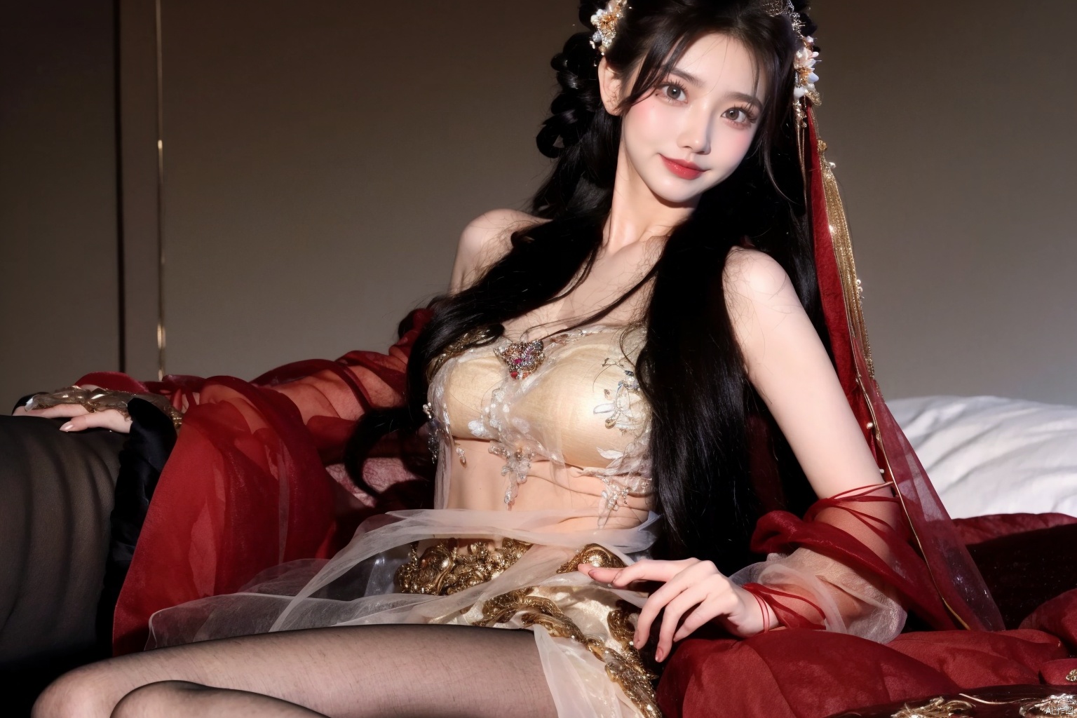 1girl, photorealistic, masterpiece, best quality, dark shot, (photo of portrait:1.2), solo, smile, looking at viewer, long black hair, Full-body photos,（wearing a red Chinese wedding dress：1.4）, （an ancient bride adorned with gold hairpins and silver jewelry）, an extremely delicate and beautiful,real person, fair skin,((Slender and perfect long legs)), （Perfect hands：1.4）plentiful,breasts,(see-through:1.4) ,（blackpantyhose：1.2）