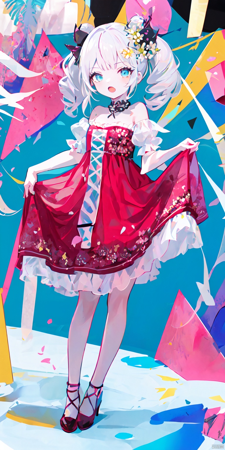 cerulean blue background,1girl, solo, long hair, breasts, looking at viewer, blush, bangs, ponceau red hair, hair ornament, thighhighs, dress, bare shoulders, jewelry, standing, full body, flower, short sleeves, indoors, hair flower, water, necklace, lotus red dress, high heels, lemon yellow thighhighs, white footwear, crossed legs, fishnets, veil, wedding dress, skirt hold, bridal veil, watson cross