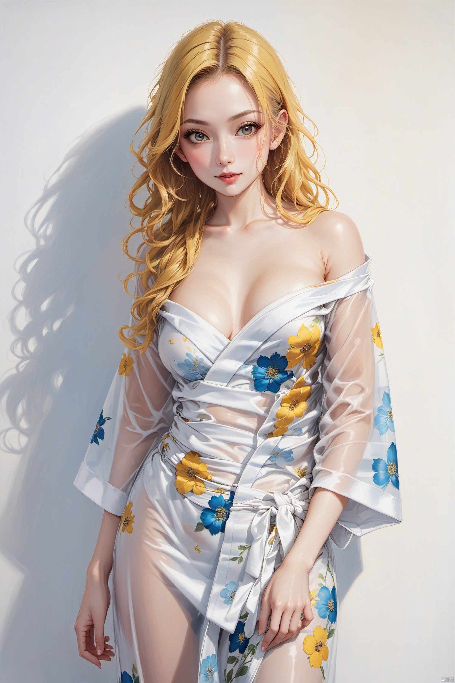  fine art, oil painting, 1girl,white kimono,yukata,white theme.long curly hair,yellow hair,off-shoulder,see through,cowboy shot,