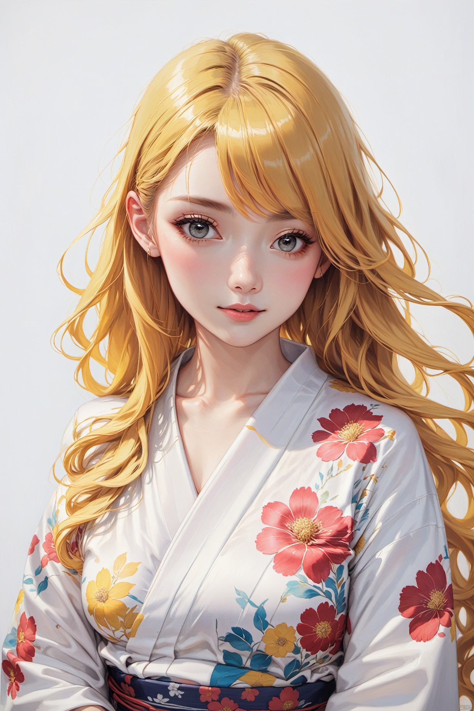  fine art, oil painting, 1girl,white kimono,yukata,white theme.long curly hair,yellow hair,