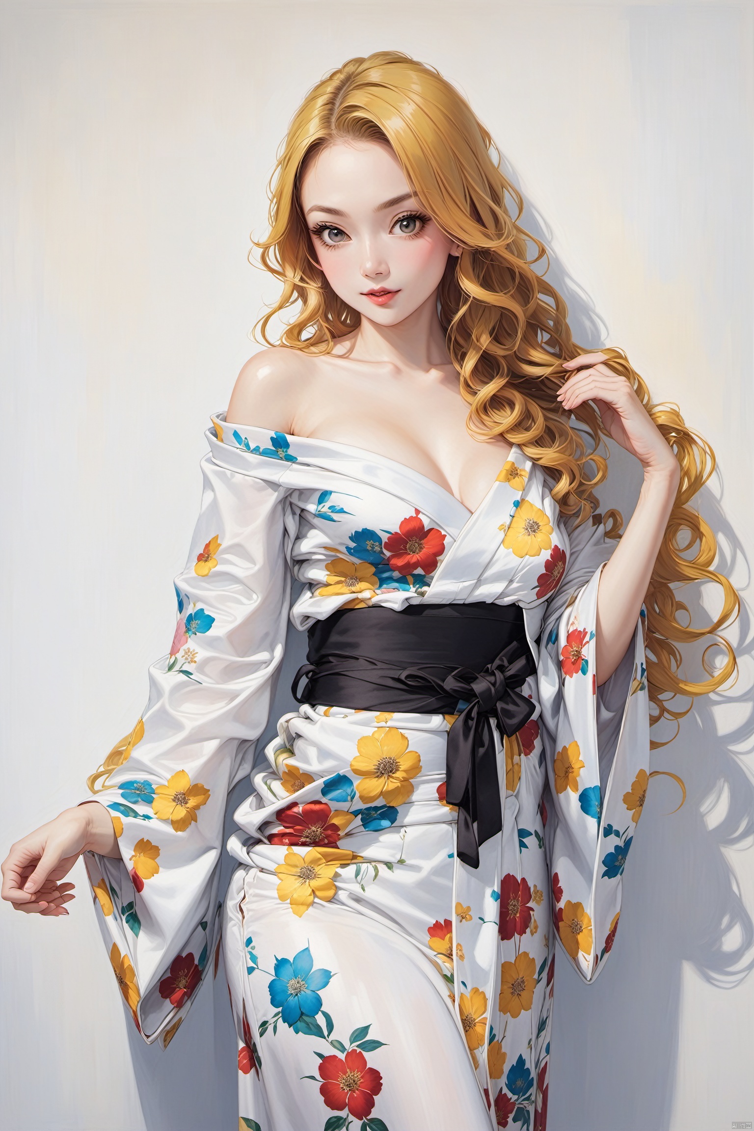  fine art, oil painting, 1girl,white kimono,yukata,white theme.long curly hair,yellow hair,off-shoulder,cowboy shot,lady pose,