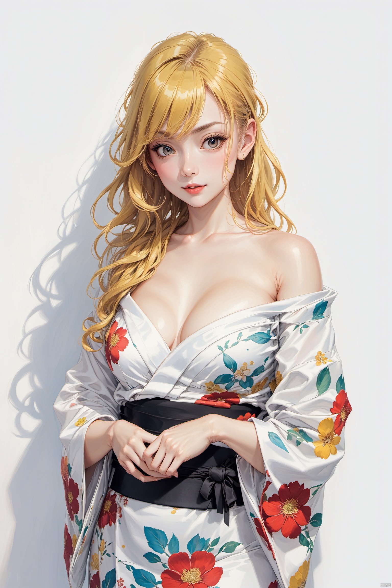  fine art, oil painting, 1girl,white kimono,yukata,white theme.long curly hair,yellow hair,off-shoulder,cowboy shot,lady pose,