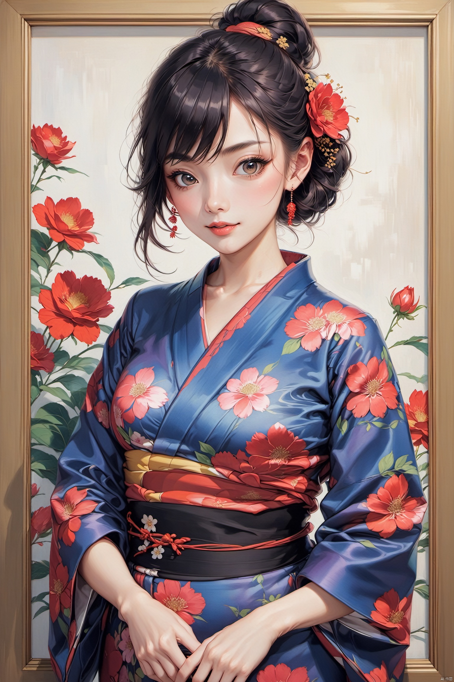  fine art, oil painting, 1girl,kimono,yukata,
