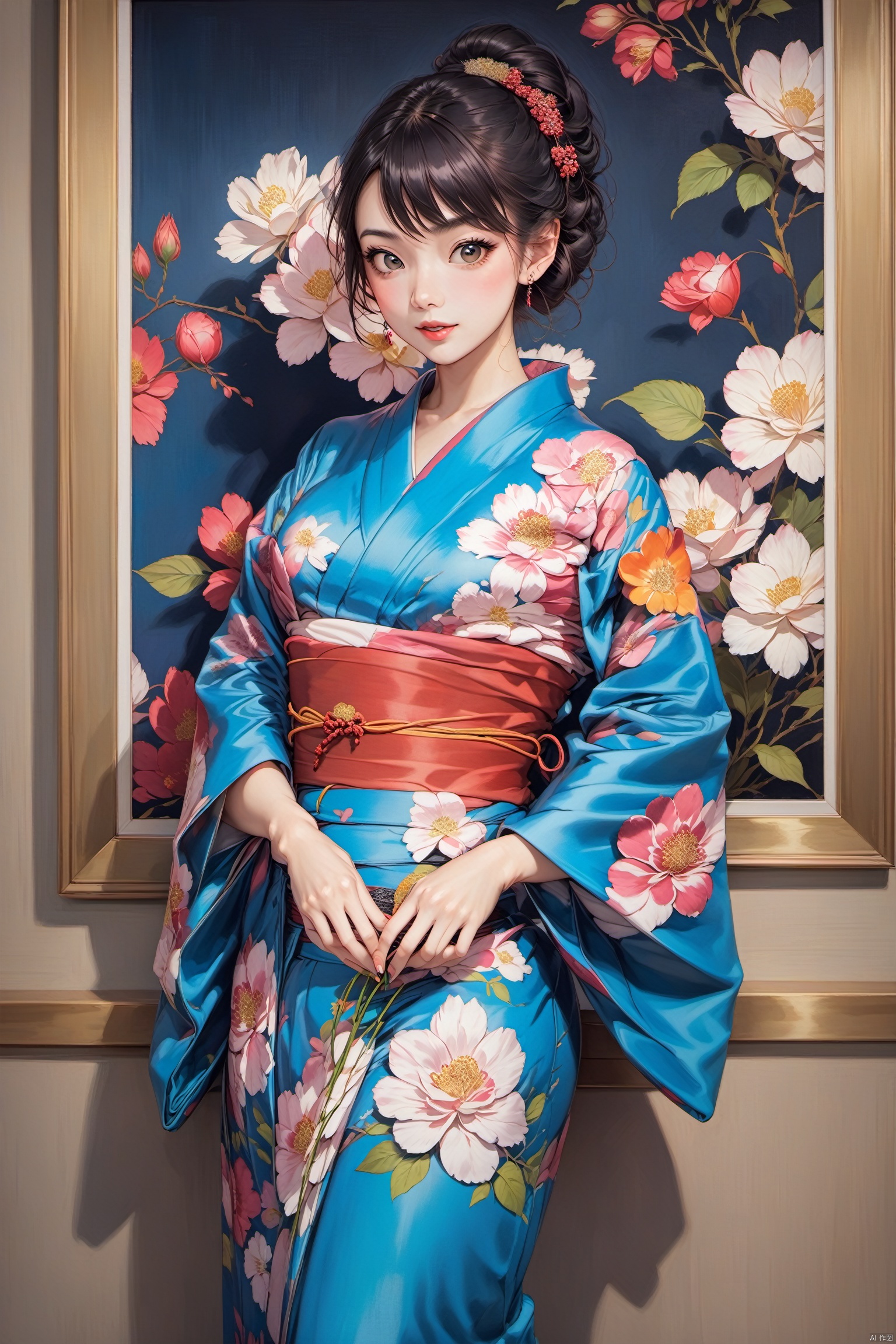  fine art, oil painting, 1girl,kimono,yukata,