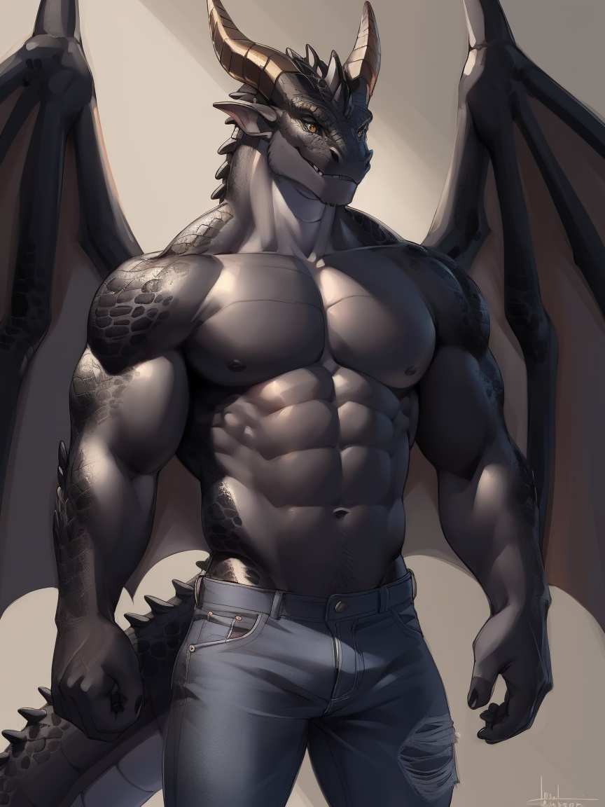 male, anthro, muscle, realistic, dragon, black, scales, wings, horns, tail, shirtless, jeans, standing, smiling, handsome, detailed eyes