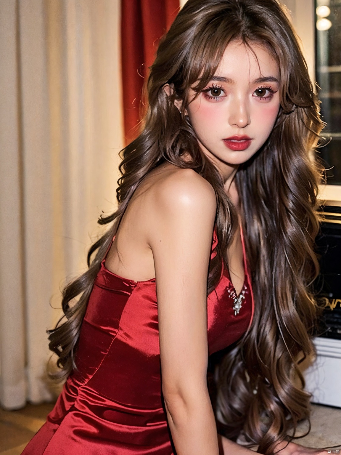  1, 1girl, long hair, brown hair, solo, dress, brown eyes, looking at viewer, holding, red dress, parted lips, bare shoulders, indoors, lips, upper body, sleeveless, ((poakl))