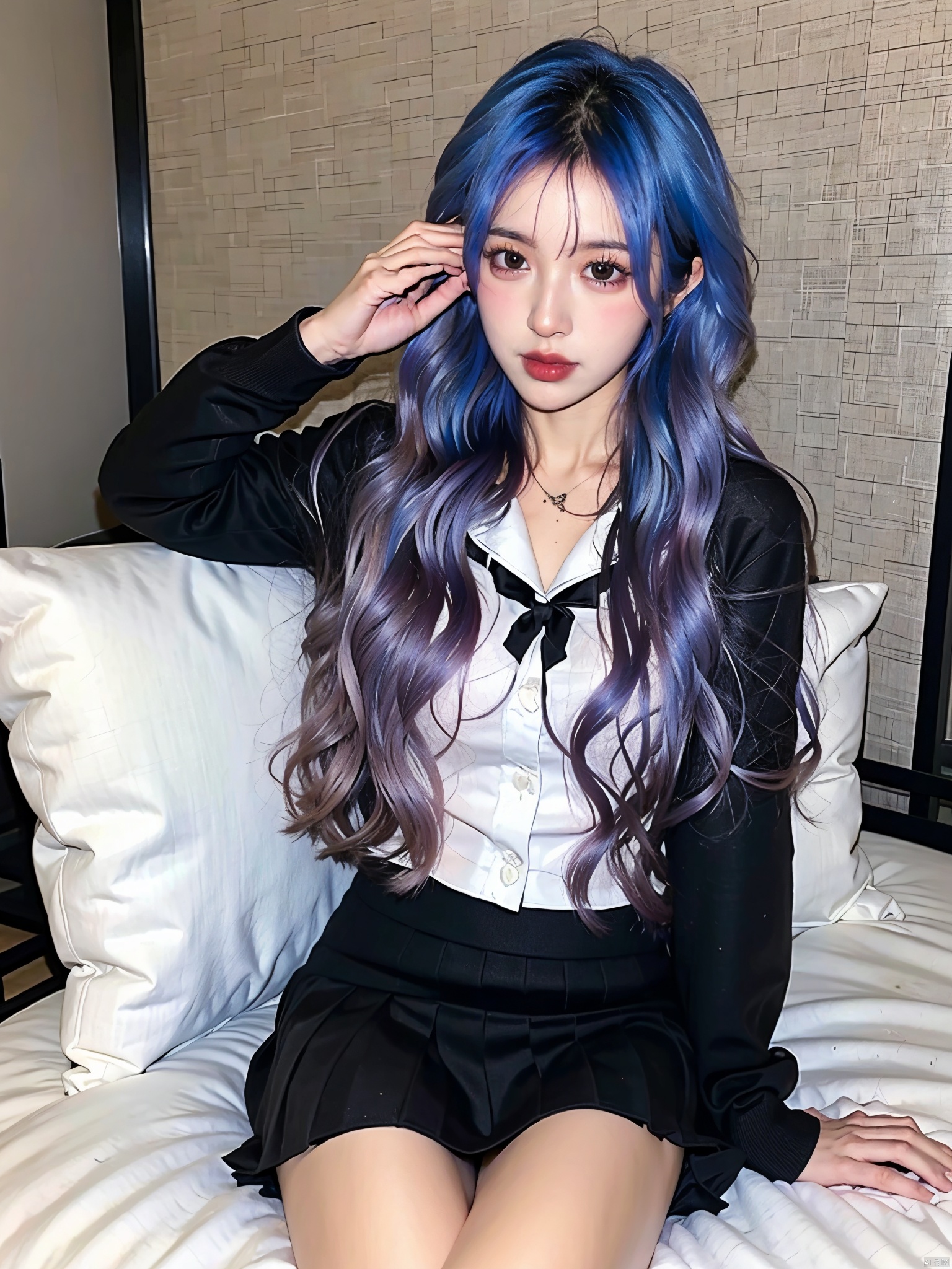  Enhanced, masterpiece, 16K, JK, 1 girl, long hair, school uniform, skirt, sitting on bed,:)