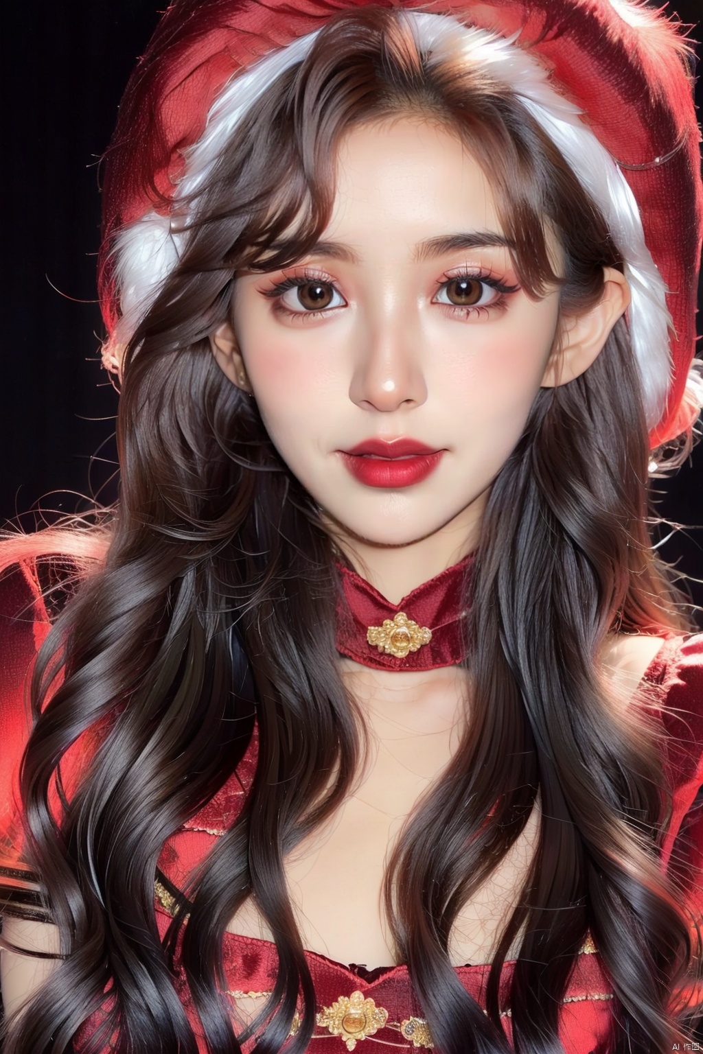  masterpiece, best quality, 1girl, red background, black hair, Long curly hair, face front, ((red fashion silk lone costume with red swirling vortexes pattern)), ((Red Plush Fur Hat)), emotional face, (close up portrait), make up, studio light, studio, ((poakl)), poakl ggll girl,laughing