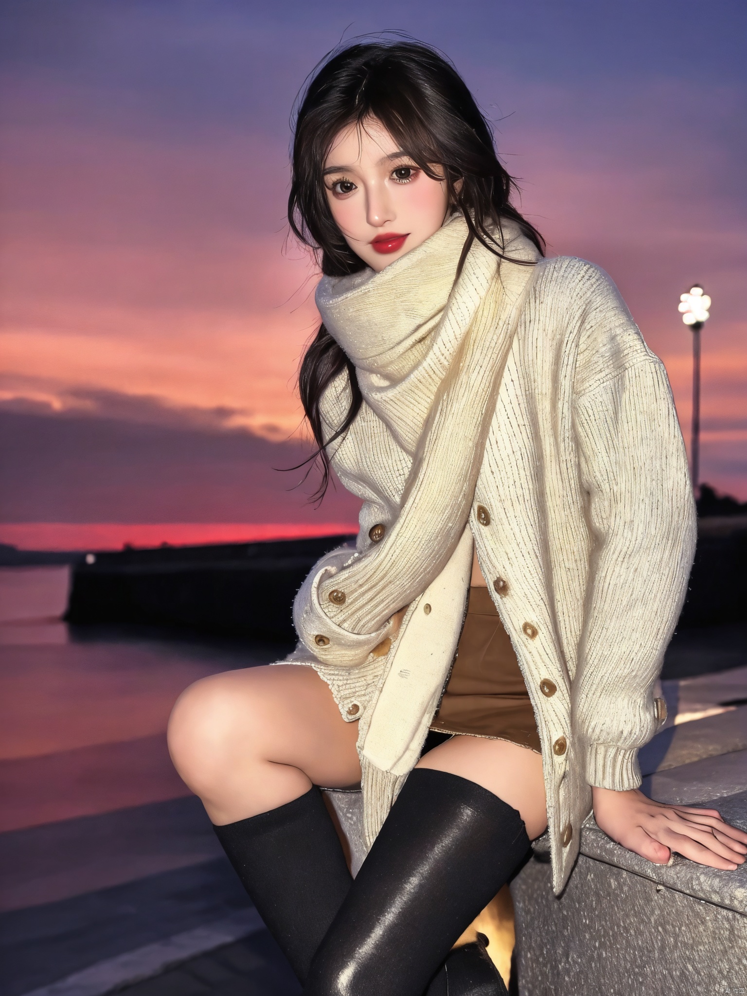  1girl,fashion model,female focus,(masterpiece, realistic, best quality, highly detailed, profession),asian,pretty,Charming eyes,exquisite facial features,bangle,sweater,scarf,skirt,black stockings,boots,sitting,night,neon,beach of city,new year,cinematic composition,,blurry,plns,sw, fireworks, hand101, Light master
