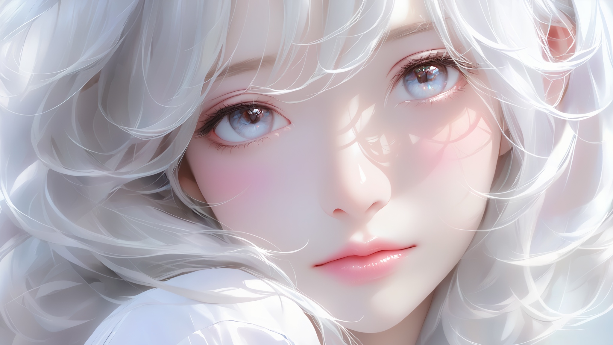 1girl, lips, realistic, solo,Silver white hair, white shirt, slightly rosy face,Beautiful and delicate eyes,eye