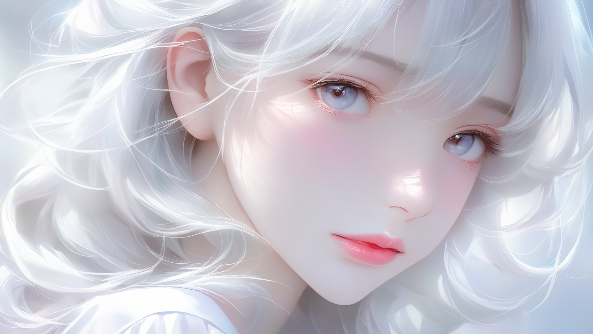 1girl, lips, realistic, solo,Silver white hair, white shirt, slightly rosy face,Beautiful and delicate eyes,eye