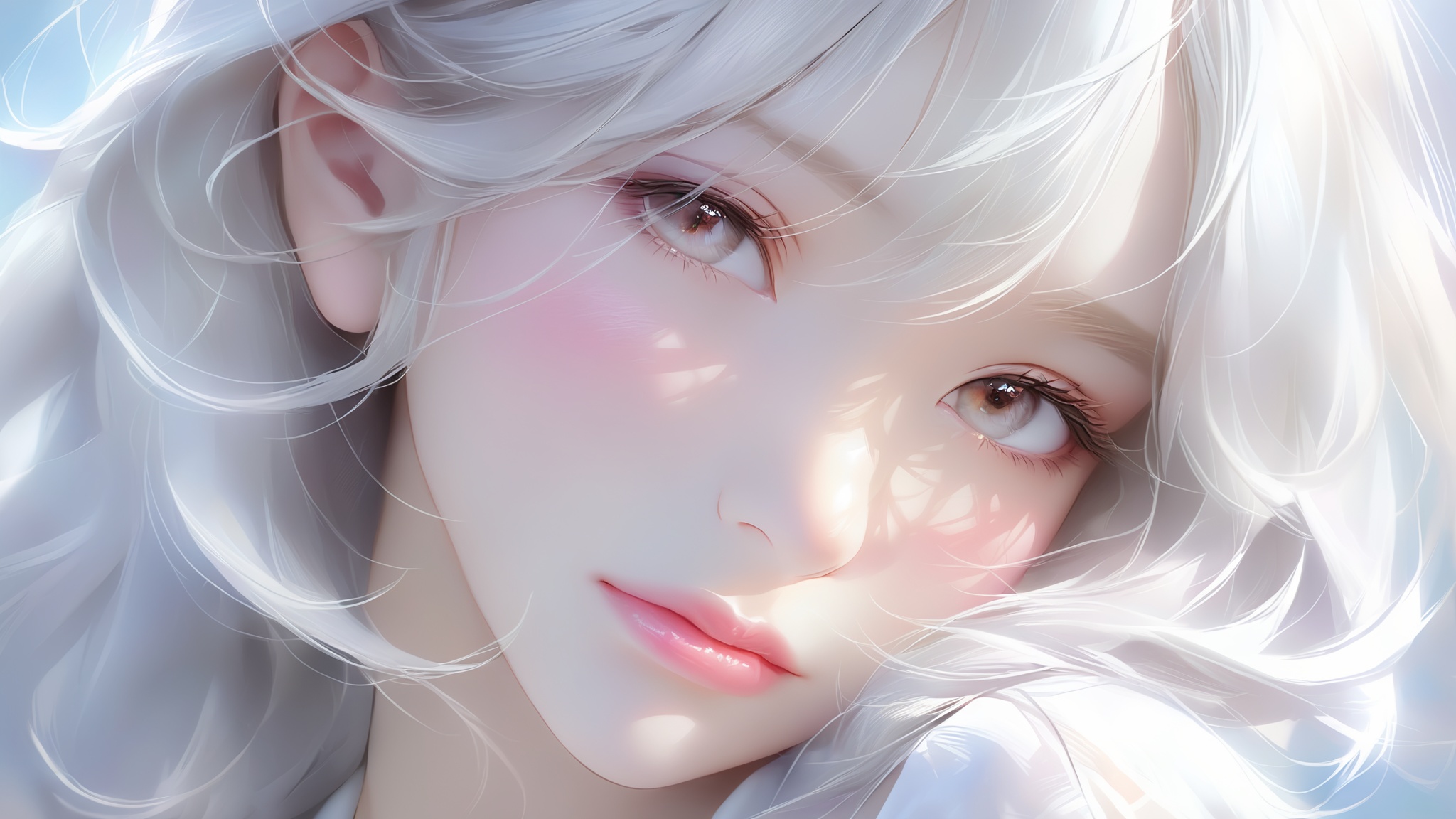 1girl, lips, realistic, solo,Silver white hair, white shirt, slightly rosy face,Beautiful and delicate eyes,eye