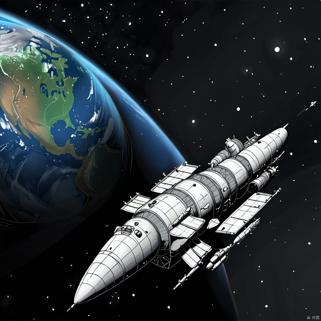  line art style, CDE_spaceship, no humans, star \(sky\), realistic, military vehicle, space, vehicle focus, spacecraft, planet, earth \( planet \), 