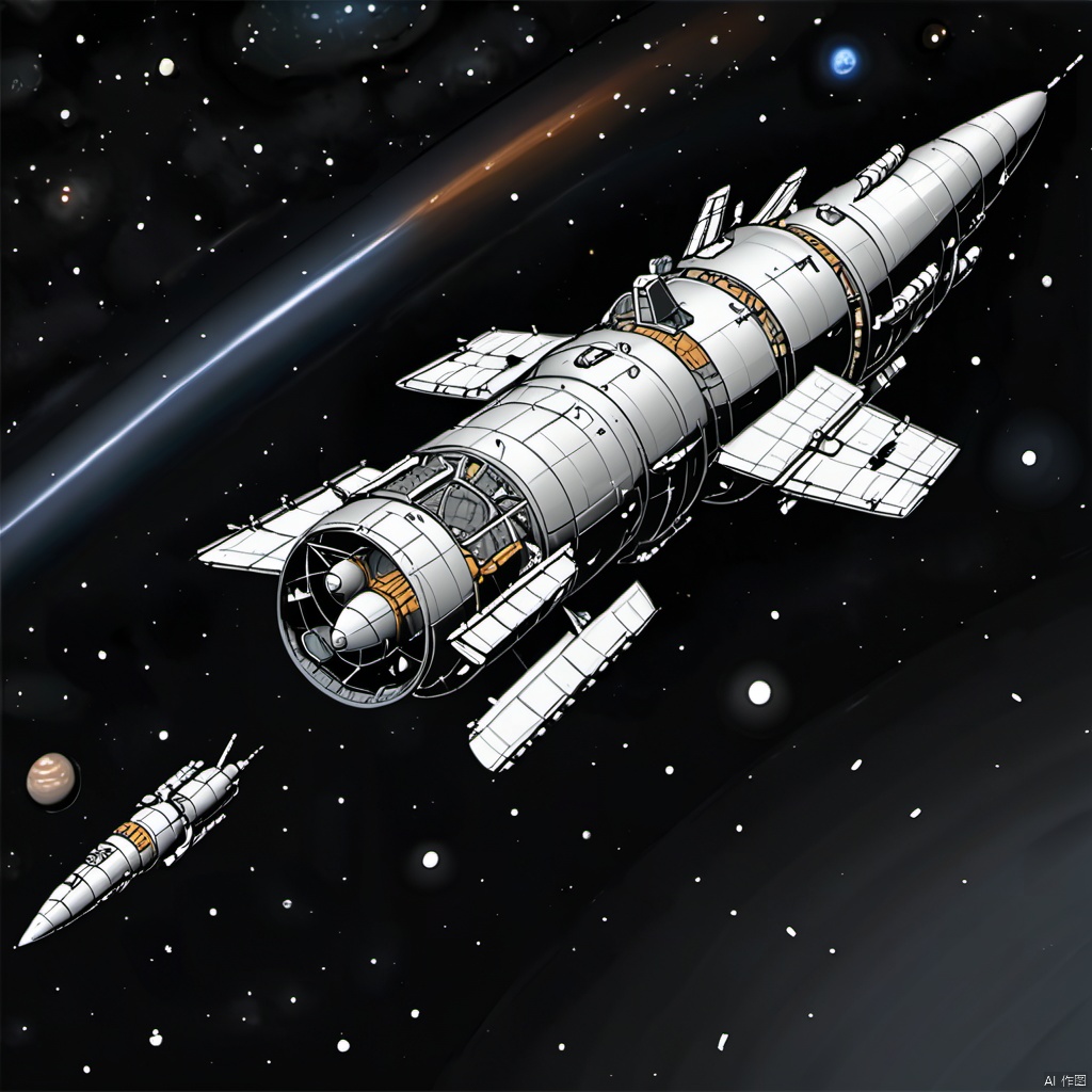  line art style, sliver spacecraft, CDE_spaceship, military, no humans, star \(sky\), realistic, military vehicle, space, vehicle focus, spacecraft