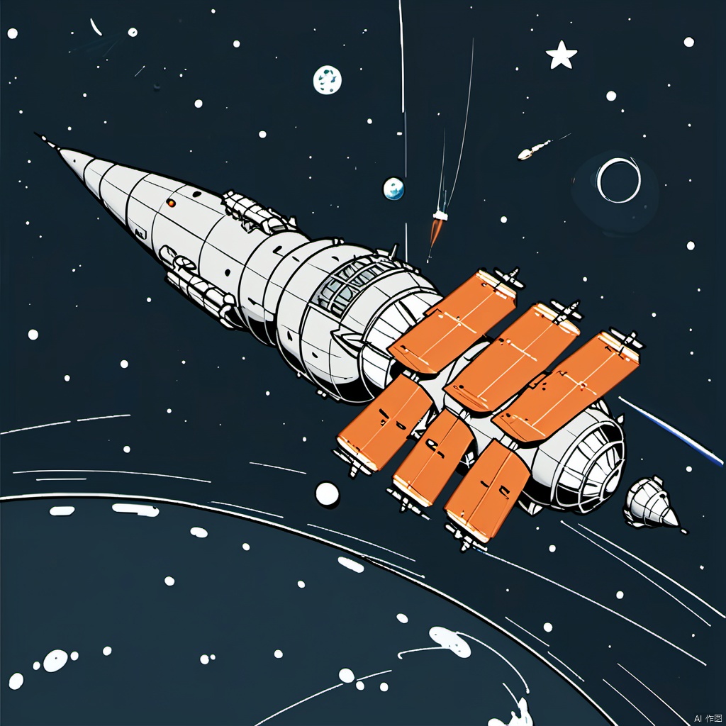  line art style, CDE_spaceship, no humans, star \(sky\), military vehicle, space, vehicle focus, spacecraft, planet, orange tail fin, 