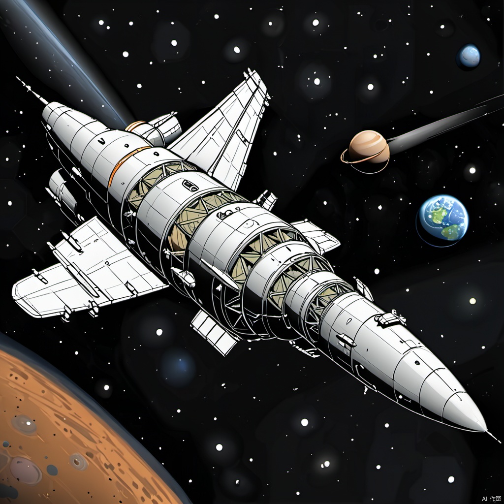  line art style, CDE_spaceship, no humans, star \(sky\), realistic, military vehicle, space, vehicle focus, spacecraft, planet, hot tail fin, 