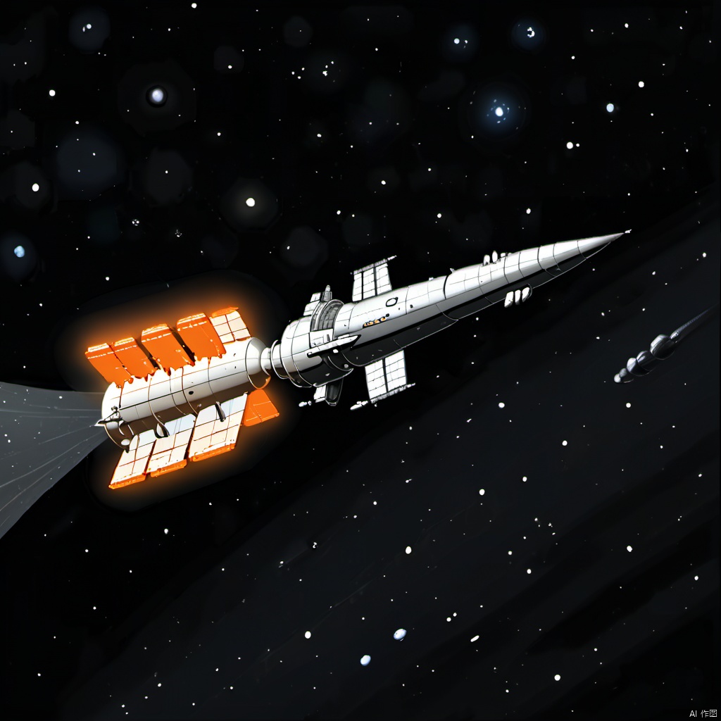  line art style, sliver spacecraft, CDE_spaceship, military, no humans, star \(sky\), realistic, military vehicle, space, vehicle focus, spacecraft