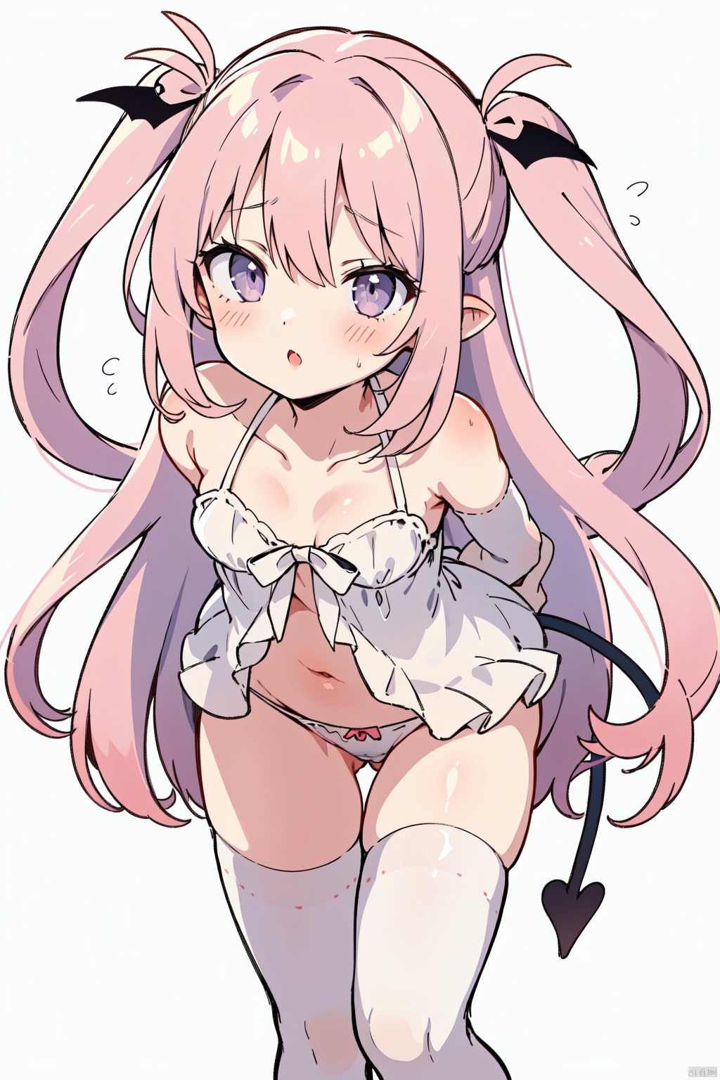 sakyumama, 1girl, solo, panties, underwear, looking at viewer, white background, elbow gloves, babydoll, gloves, simple background, flying sweatdrops, bare shoulders, white gloves, navel, parted lips, arms behind back, :o, hair between eyes, leaning forward, full_body,white thighhighs,no shoes