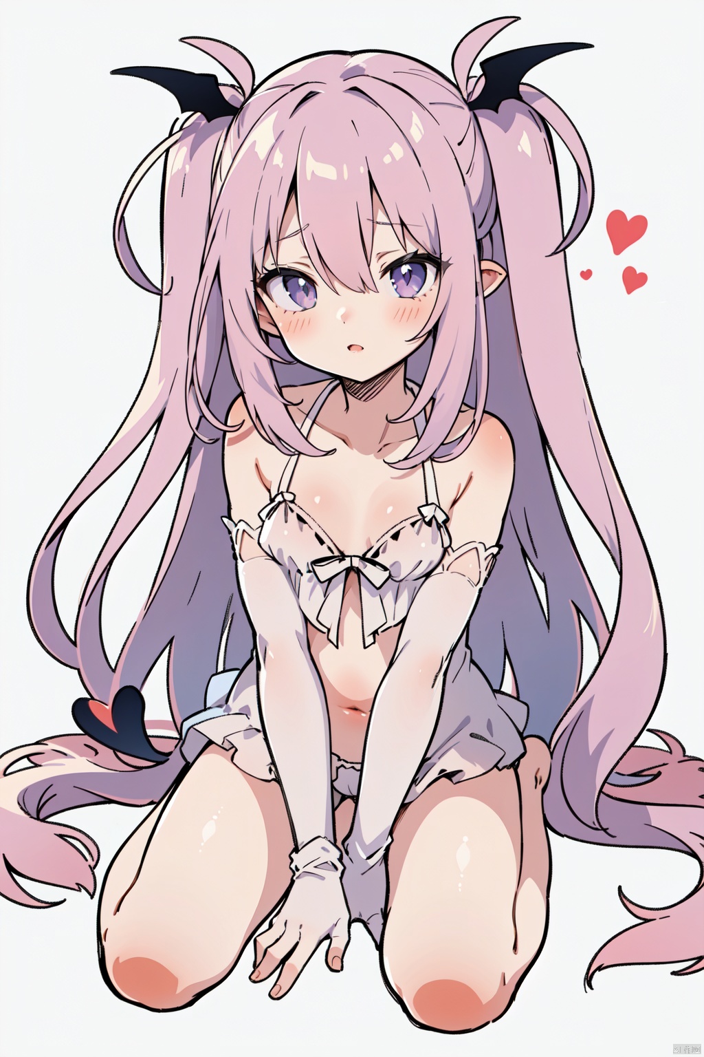 sakyumama, 1girl, solo, gloves, elbow gloves, babydoll, navel, sitting, underwear, white gloves, looking at viewer, wariza, panties, white background, simple background, barefoot, bare shoulders, bare legs, blush, parted lips, white panties, heart, hair between eyes, lingerie, collarbone, head wings,succubus tail