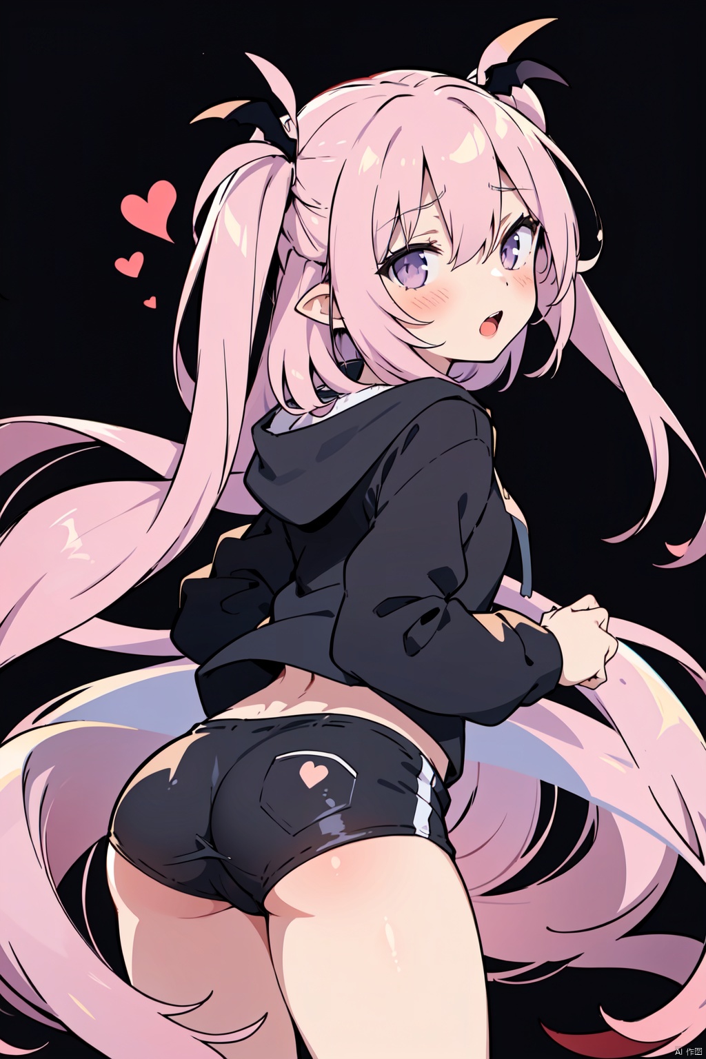 sakyumama, 1girl, solo, hood, looking back, white background, simple background, hoodie, looking at viewer, hood down, open mouth, v, long sleeves, from behind, hair between eyes, ass, heart, hand up, cropped legs, black hoodie, cowboy shot, blush, sleeves past wrists,succubus tail
