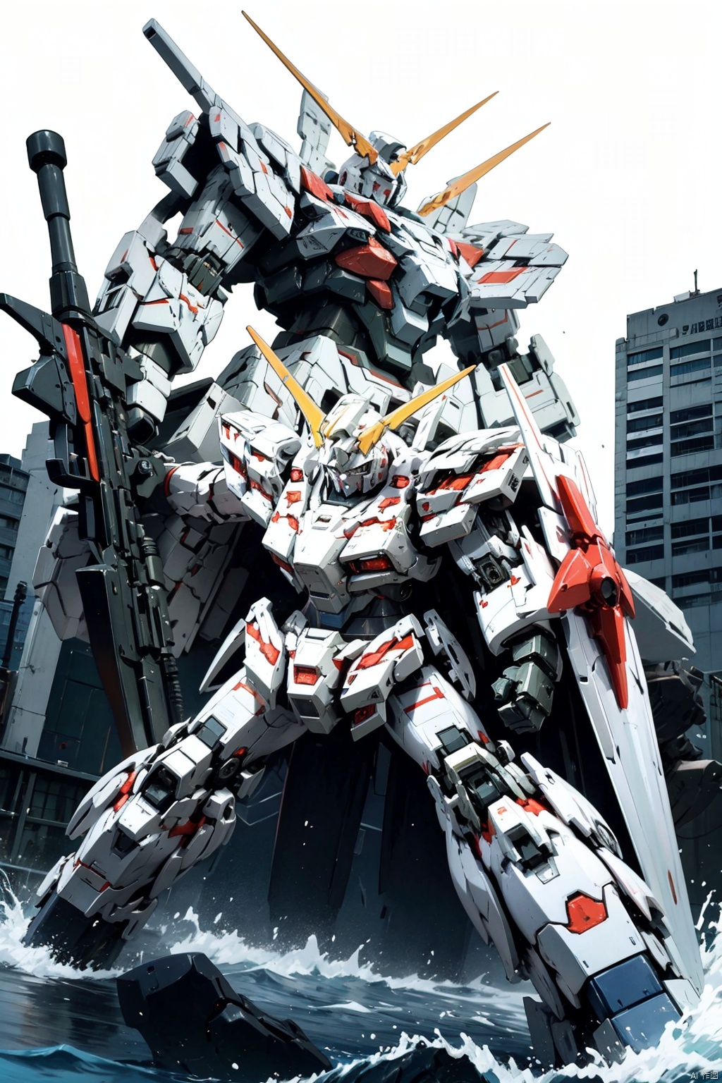 best quality, mecha, red mecha with white lines and golden weapon, fighting pose, city in background, sea, water, kaiju, mecha fighting a kaiju, destoryMode