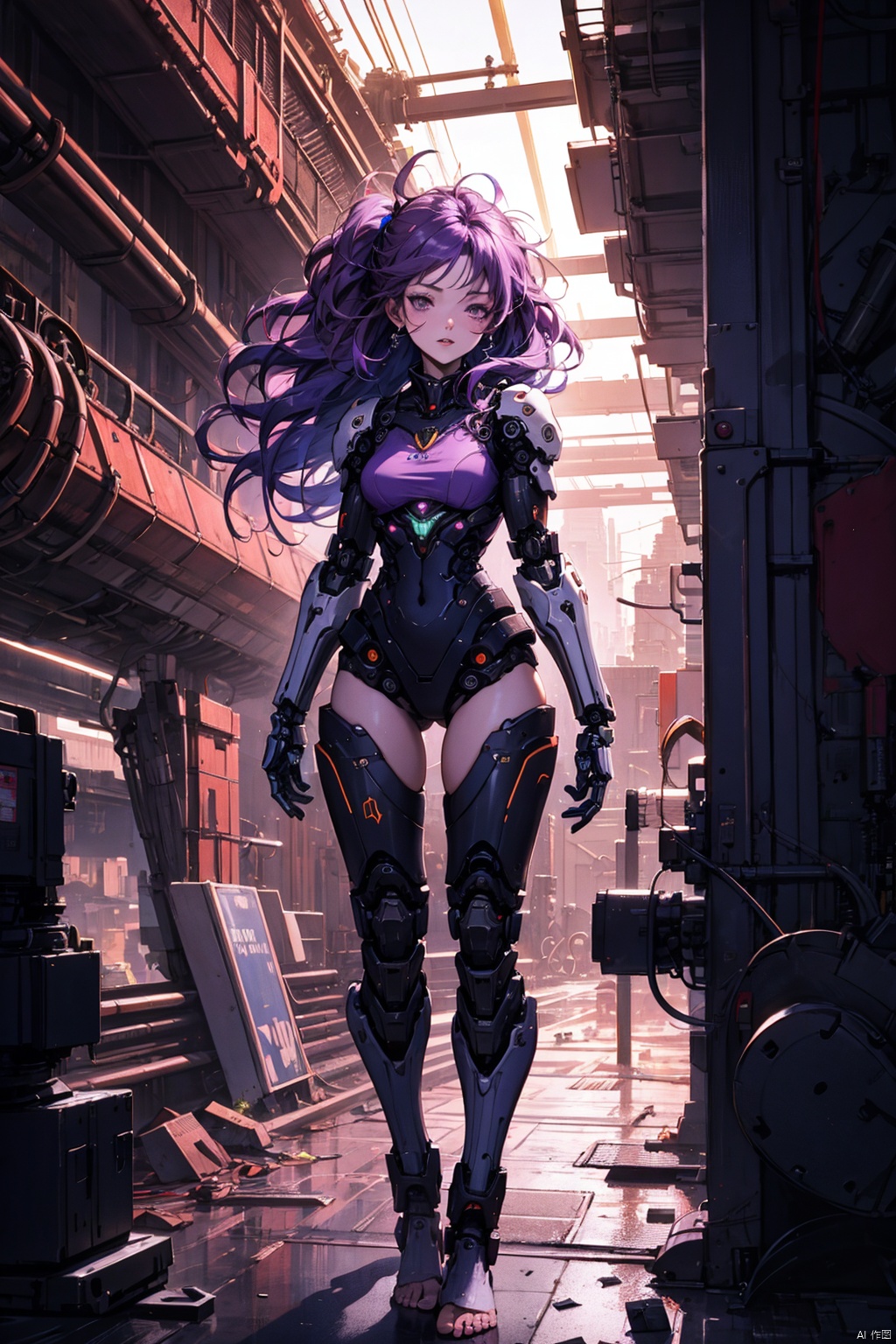 android, (high quality:1.4), 8k, colour splash, (cinematic lighting:1.2), sharp focus, cityscape, wide eyed, frown, parted lips, teeth, (subtle smile:0.8), looking at viewer, messy hair, nightgown, tired, one eye closed, bare legs, barefoot, purple eyes, purple hair, half up, long hair, (mechanical arms, mechanical legs:1.3), android girl being constructed inside of a factory,
in the city, cityscape, lake, red lights, park, Add details
