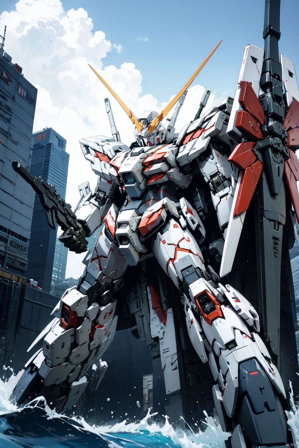 best quality, mecha, red mecha with white lines and golden weapon, fighting pose, city in background, sea, water, kaiju, mecha fighting a kaiju, destoryMode