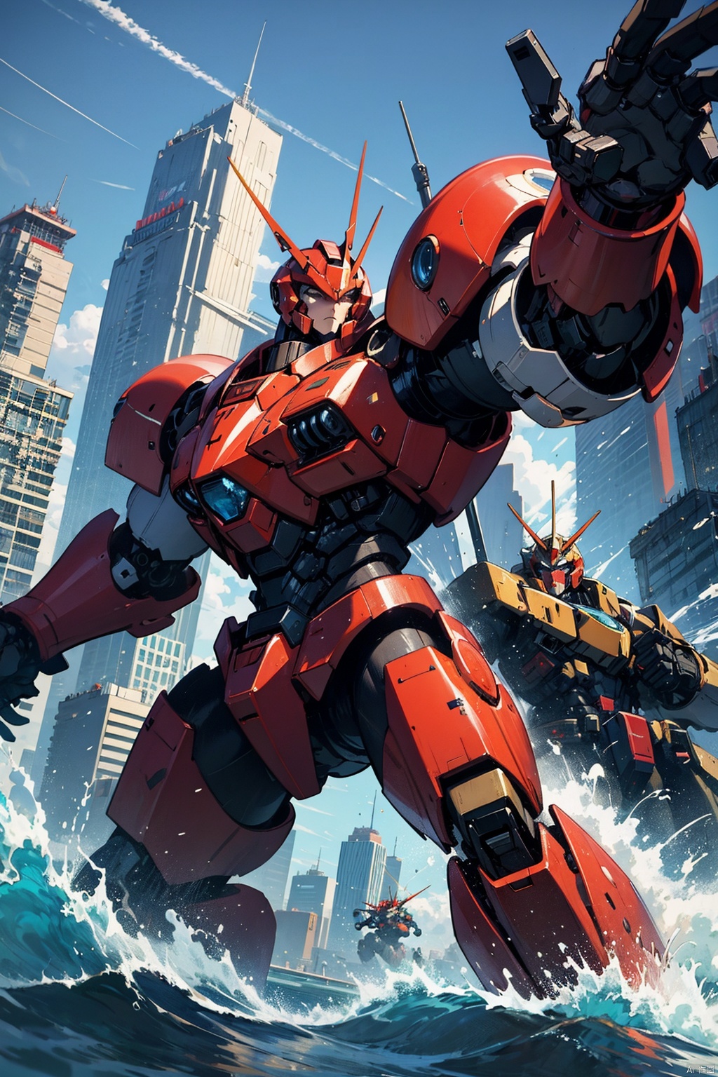 best quality, mecha, red mecha with white lines and golden weapon, fighting pose, city in background, sea, water, kaiju, mecha fighting a kaiju