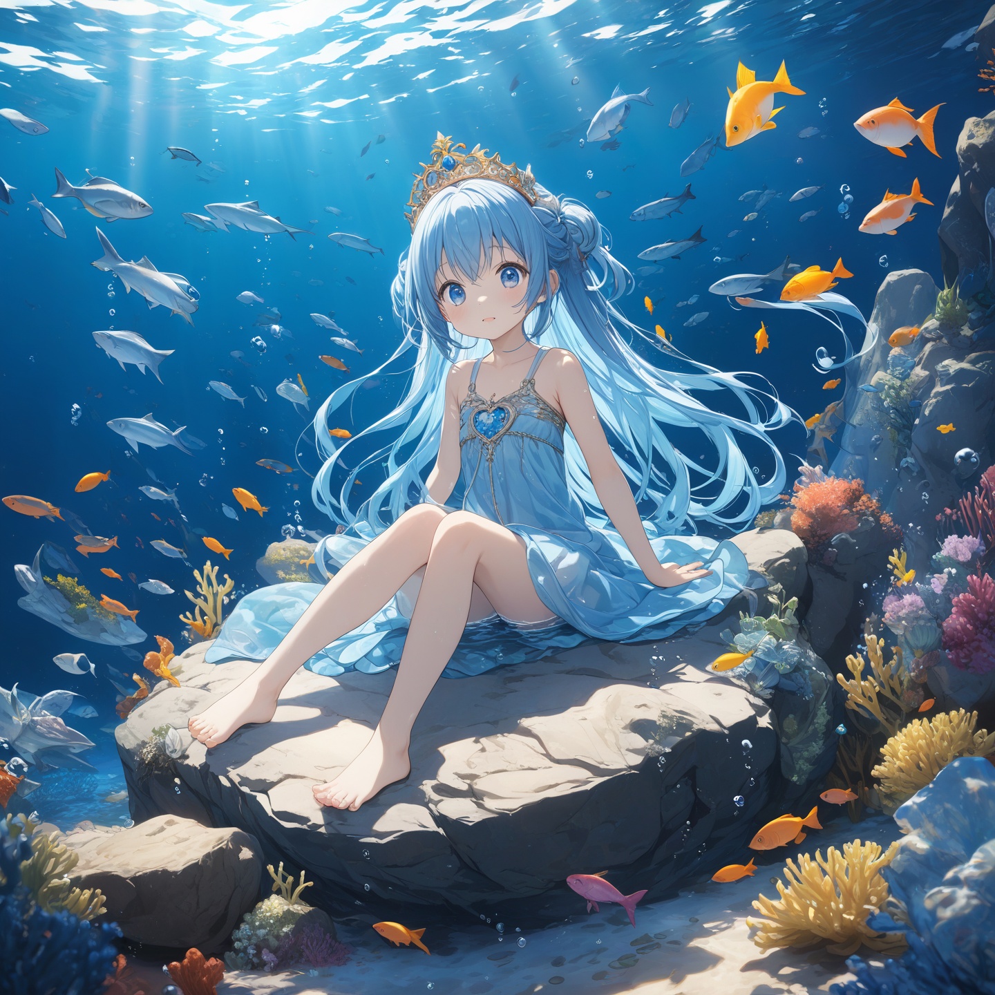 best quality,highly detailed,masterpiece,ultra-detailed,illustration,(submerged|underwater:1.6),1gril,(loli:1.4),Middle hair,Blue hair,Jeweled crown,(swimsuit|Gelcoat),full body, barefoot,(Delicate Blue|big eyes),Blue anklet, blue bracelet,Fine|Fish Ears,Exquisite legs,{{Fine Hands|Nails}},Sitting on a rock,looking at the audience,Surrounding schools of fish,Air bubbles,game cg,extremely detailed CG unity 8k wallpaper