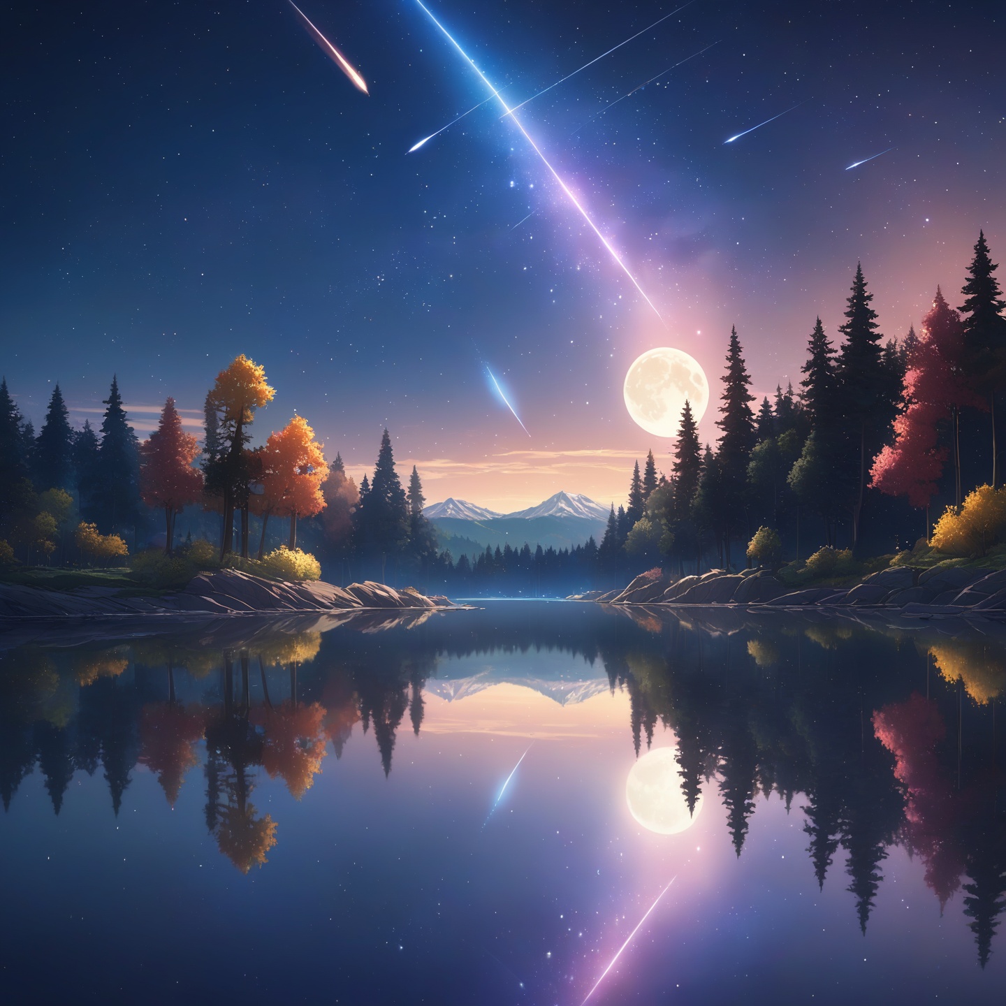 masterpiece, masterpiece, ultra-detail, meteor shower, comet, moon, starry sky, lake reflection, dreamlike scene, colorful trees, anime CG, exquisite image