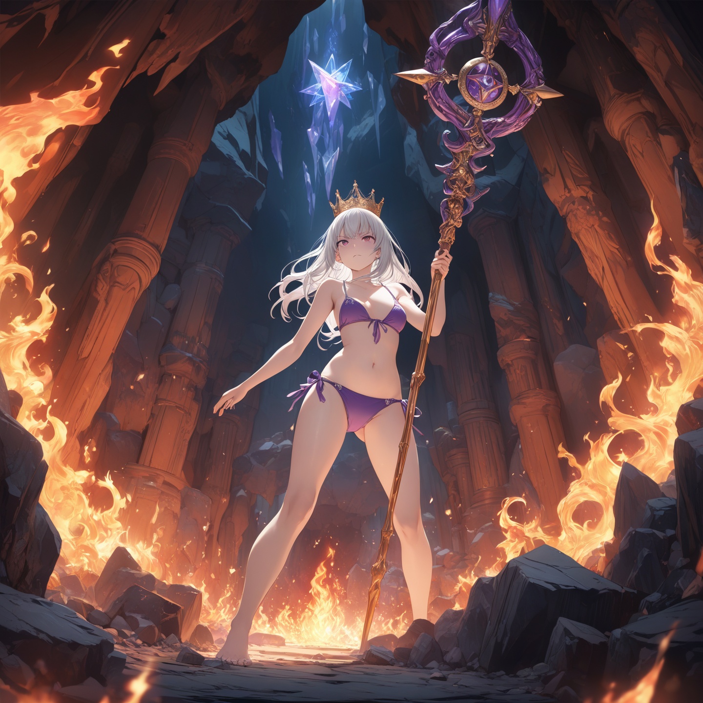 best quality,highly detailed,masterpiece,ultra-detailed,illustration,1 White-haired girl wearing a small crown and a (gel spaghetti strap bikini),standing in a cave full of crystals, holding a purple hexagram staff in her hand, the altar at the bottom of her feet glowing with fire, angry expression, dynamic angle,Game ,CG
