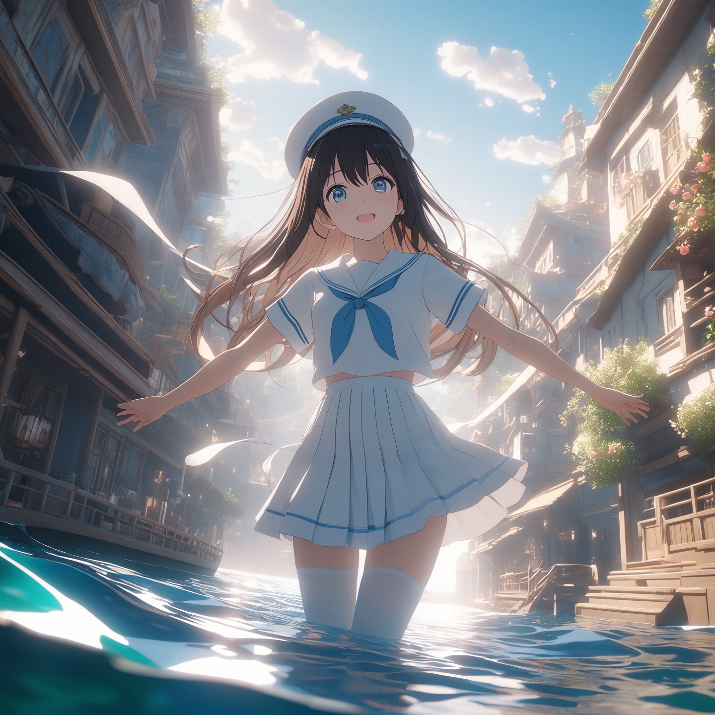 {{{{character focus}}}}, {anime screencap},{{{3d,weak light}}},hidden hands,spread arms,building,((masterpiece)), (((best quality))), ((ultra-detailed)), ((illustration)),{{{1gril}}} ((Long hair)),{{big super detailed eyes}},{{艦隊Collection Style}},Ship anthropomorphism,{{{{No hand is displayed}}}}T shirt,short skirt,Exquisite clothes,Sailor's Hat, white stockings,Happy expression,with a face like a peach blossom,On the ocean,,floating, beautiful detailed sky,Delicate water,Blue sky and white clouds,extremely detailed CG unity 8k wallpaper,The sunlight shining in,dynamic angle,cinematic,lighting,((chromatic aberration)), ((caustic)), beautiful detailed,glow,dynamic angle,depth of field,light_leaks,Amazing,finely,detail,extremely detailed CG,Original,(sunlight),((an extremely,delicate and beautiful)),glowing,bright,{{{bluearchive}}}