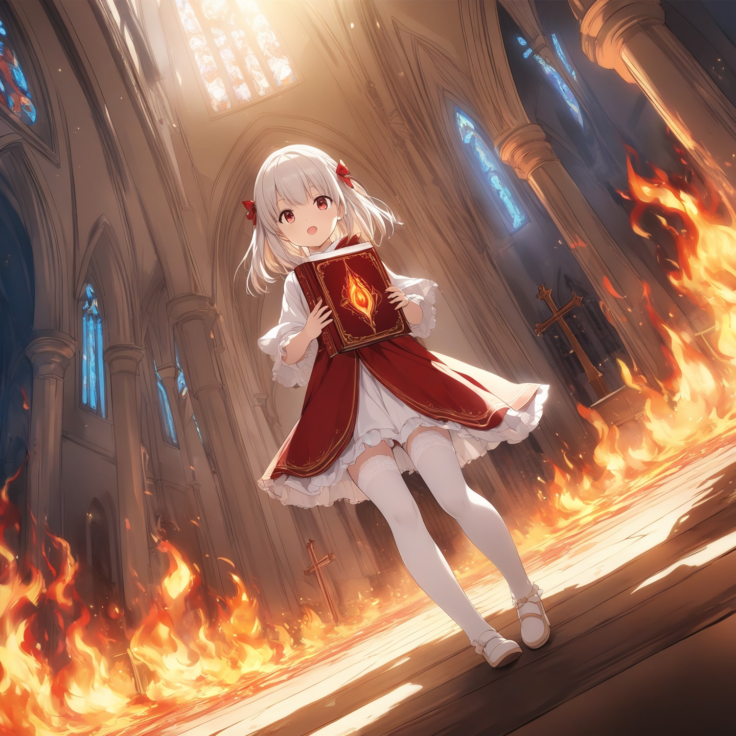 Anime, Illustration, Game CG, 1 girl, loli, magic envoy, (white stockings), (((holding a red magic book)), ((flames, fantastic colors)), ((in a church)), fire, arson, super detail, game illustration, dynamic angle, full body surrounded by flames