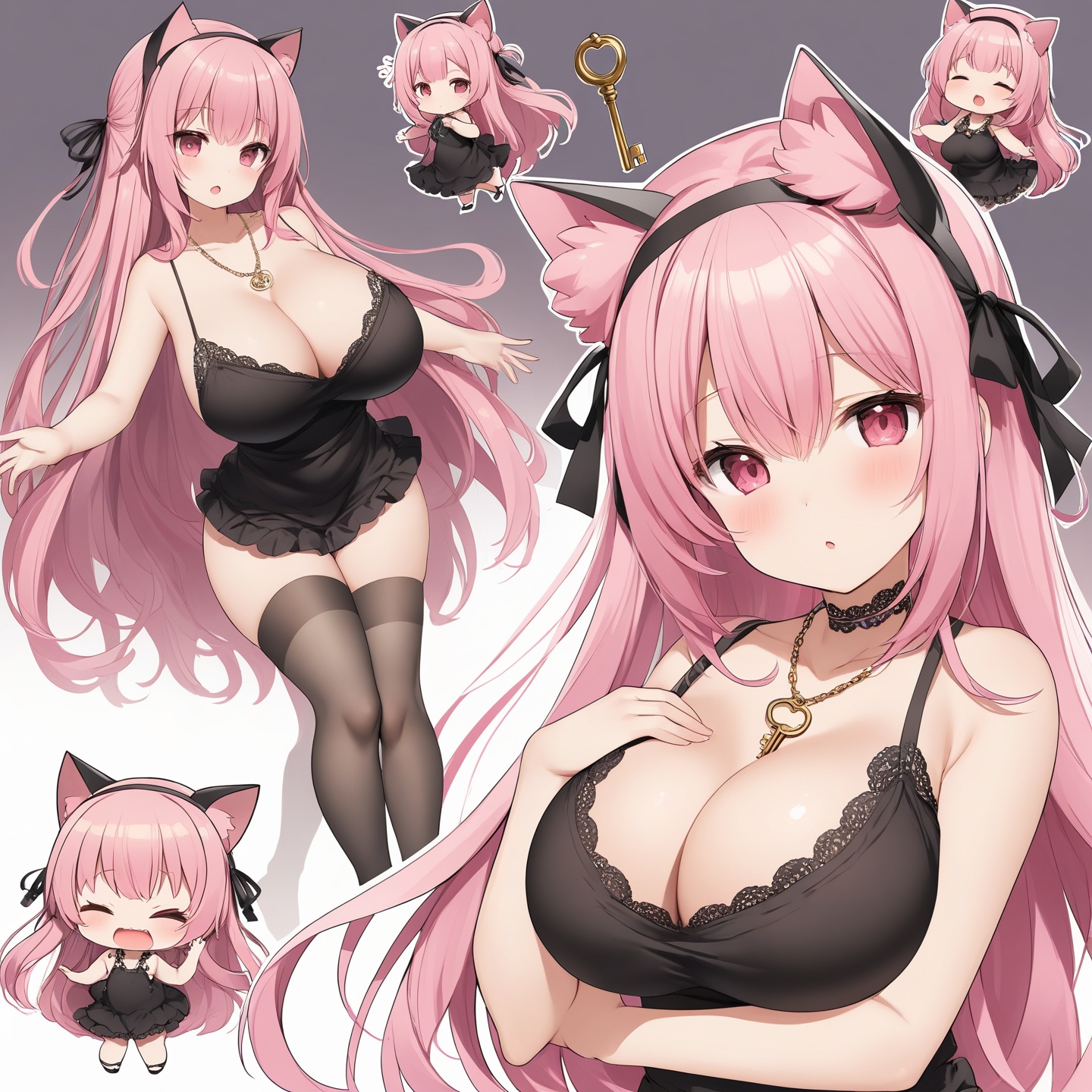 pink hair, key necklace, hairband, loli,((chibi)) girl,(multiple views),A brainless girl with huge breasts,Random hair color,silk stockings, cat ears,huge breast,long hair, shoeless, dynamic angle, capturing scenes,