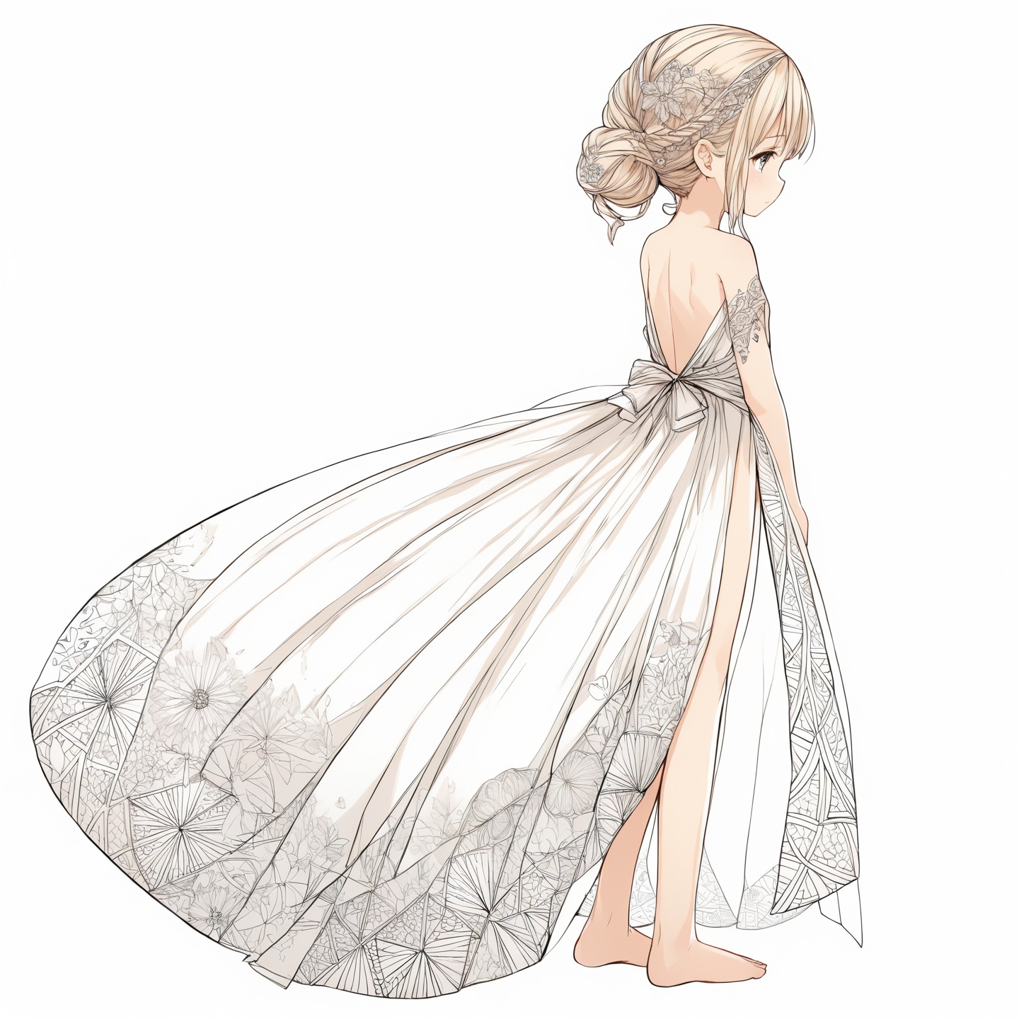 (zentangle:1.2),1loli,classical,noble,princess,negative space,Tyndall Effect,light background, [(white background:1.3)::5], bare shoulders, barefoot, bare back, shiny skin, shiny hair, dress,