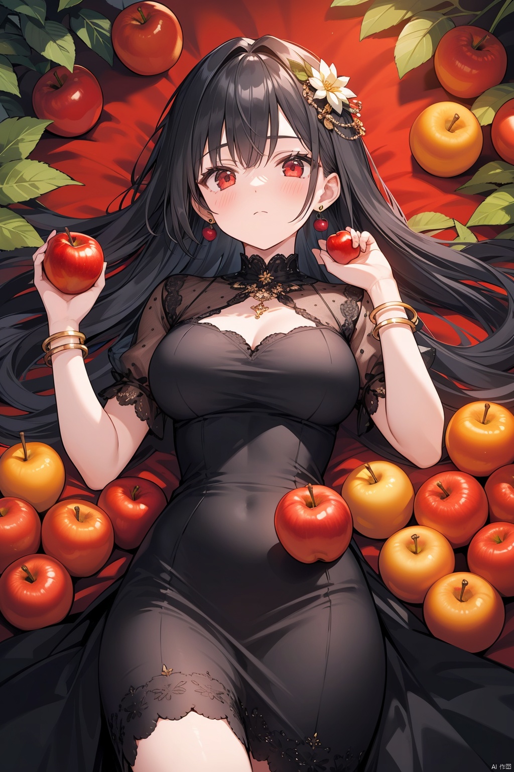 1girl, solo, long hair, breasts, looking at viewer, bangs, black hair, hair ornament, red eyes, dress, jewelry, closed mouth, short sleeves, earrings, lying, food, hand up, on back, black dress, bracelet, fruit, apple, grapes