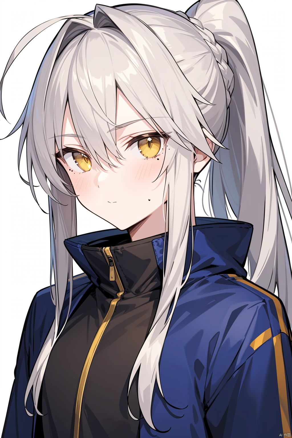 1boy, artoria_pendragon_\(fate\), bangs, closed_mouth, eyebrows_visible_through_hair, hair_between_eyes, jacket, long_hair, looking_at_viewer, low_ponytail, male_focus, mole, ponytail, shirt, simple_background, solo, upper_body, white_background, yellow_eyes