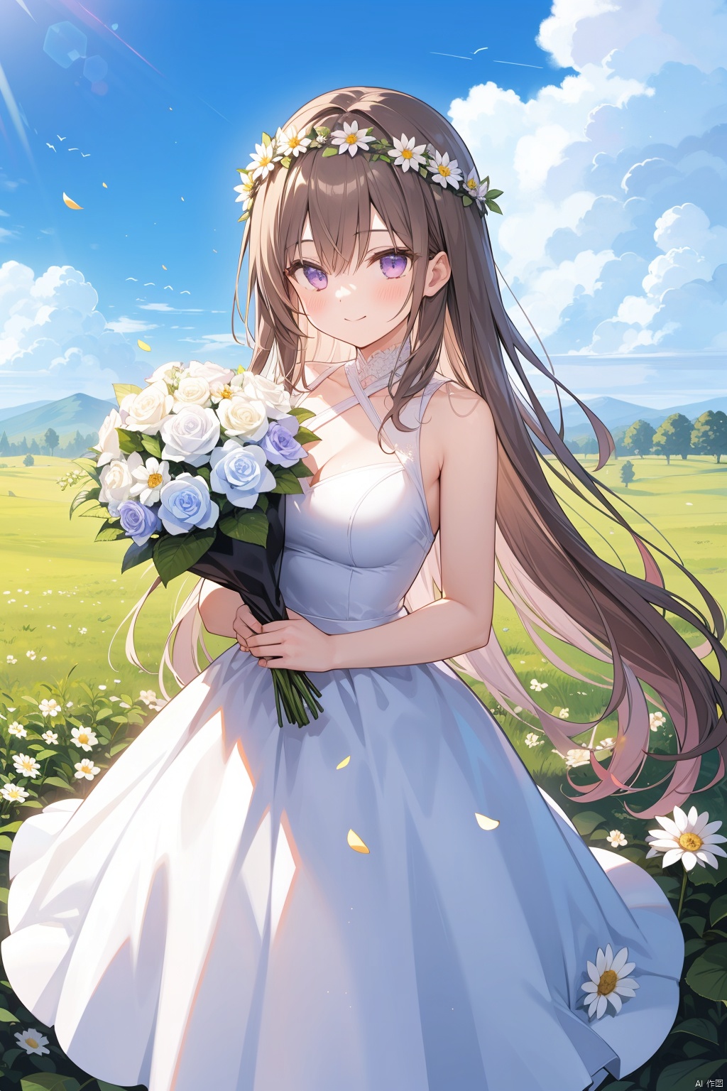 1girl, blue_flower, blue_sky, bouquet, breasts, brown_hair, closed_mouth, cloud, daisy, day, dress, field, flower, flower_field, grass, head_wreath, holding_bouquet, holding_flower, hydrangea, laurel_crown, lily_\(flower\), long_hair, looking_at_viewer, outdoors, petals, pink_flower, plant, purple_eyes, purple_flower, rose, sky, smile, solo, standing, sword, very_long_hair, white_dress, white_flower, white_rose, wreath