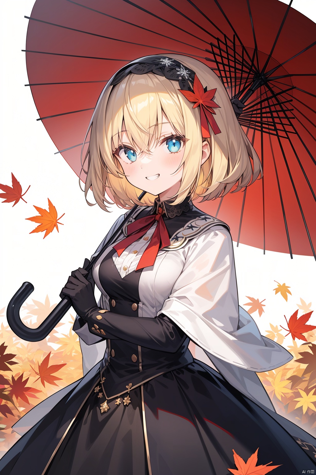 1girl, alice_margatroid, autumn_leaves, bangs, black_gloves, black_umbrella, blonde_hair, branch, breasts, dress, floral_background, gloves, grin, hair_between_eyes, hairband, holding, holding_umbrella, leaf, leaf_background, long_sleeves, looking_at_viewer, maple_leaf, medium_breasts, neck_ribbon, oil-paper_umbrella, parasol, red_ribbon, ribbon, short_hair, smile, snowflake_background, snowflakes, solo, umbrella