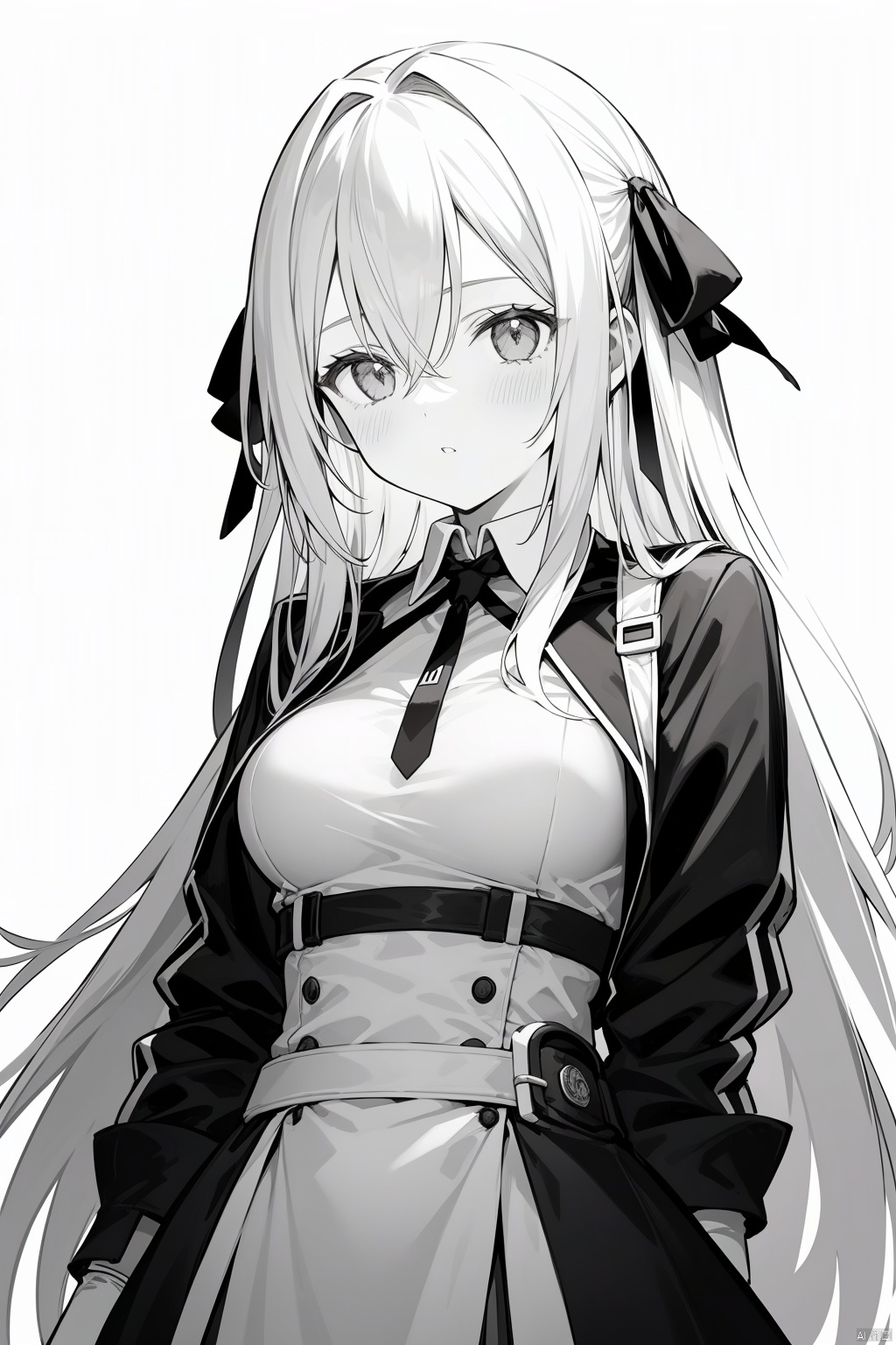 1girl, adjusting_gloves, bangs, blush, breasts, dress, eyebrows_visible_through_hair, gloves, greyscale, hair_between_eyes, hair_ribbon, jacket, long_hair, long_sleeves, looking_at_viewer, medium_breasts, parted_lips, ribbon, sidelocks, simple_background, very_long_hair, white_background, white_gloves