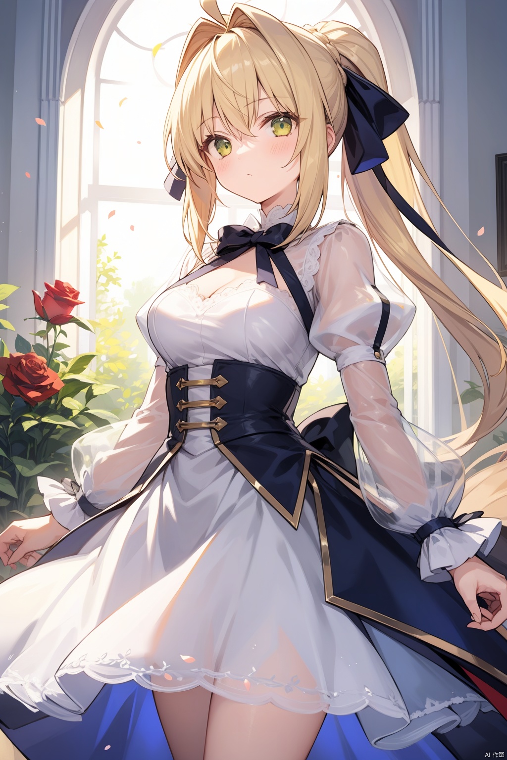 1girl, ahoge, artoria_pendragon_\(fate\), blonde_hair, breasts, dress, flower, hair_between_eyes, hair_ribbon, long_sleeves, looking_at_viewer, medium_breasts, nero_claudius_\(fate/extra\), petals, puffy_sleeves, ribbon, rose, saber, see-through, solo, standing